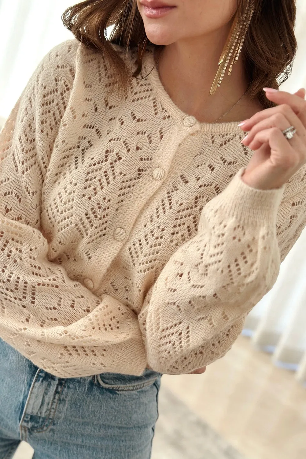 Beige Hollow Out Knit Buttoned Cardigan Top