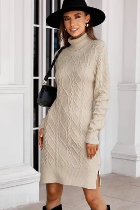 Beige Textured Patern Pullover Sweater Dress