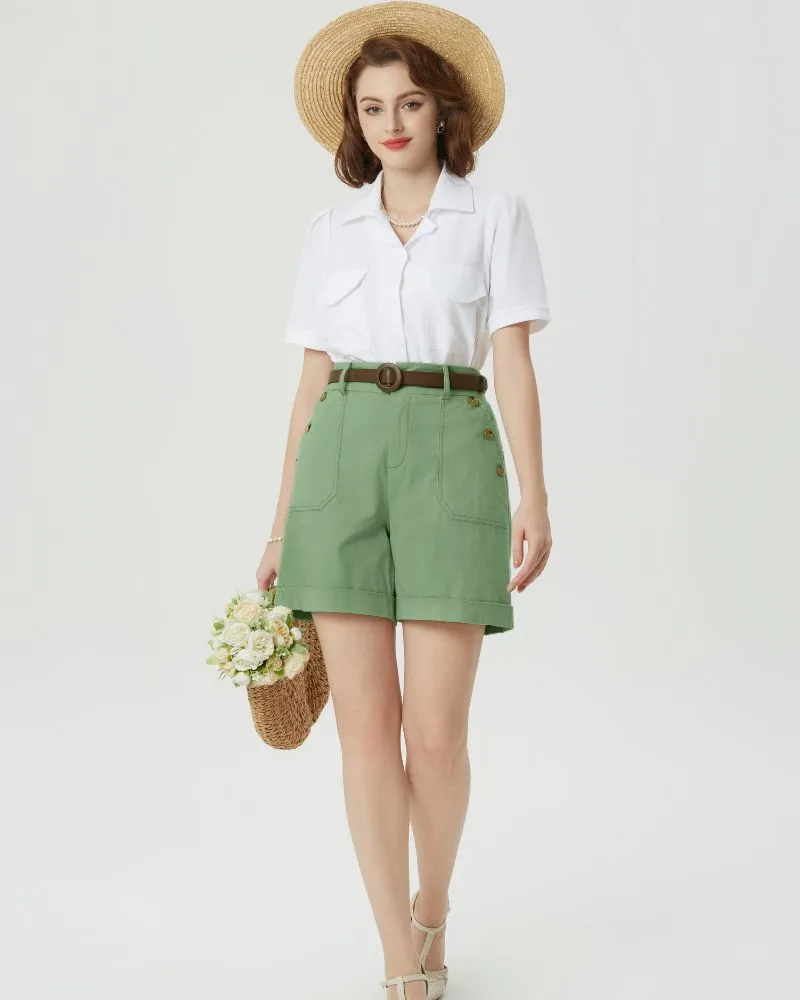 Bermuda Shorts Linen High Waisted Shorts Casual Cotton Shorts with Belts