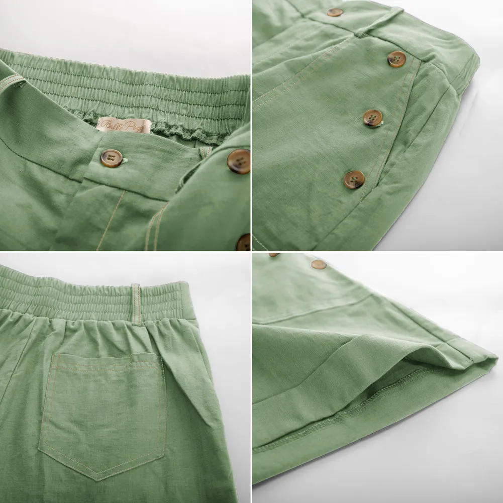 Bermuda Shorts Linen High Waisted Shorts Casual Cotton Shorts with Belts