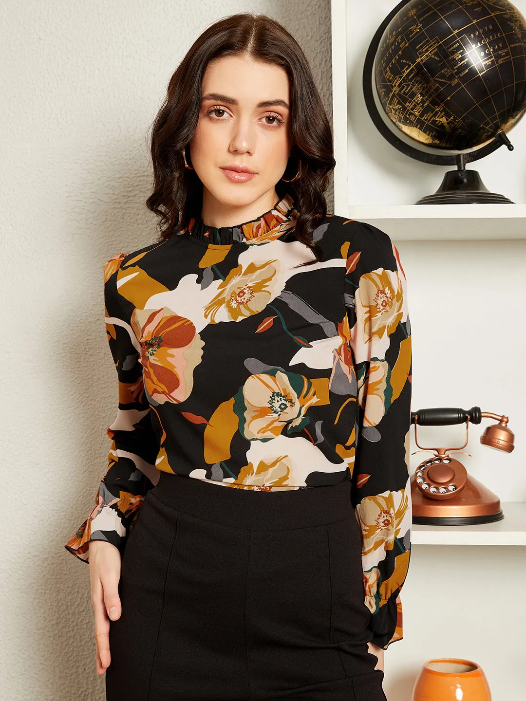 Berrylush BIZwear Women Black & Orange Floral Printed High-Neck Bishop Sleeve Ruffled Regular Top