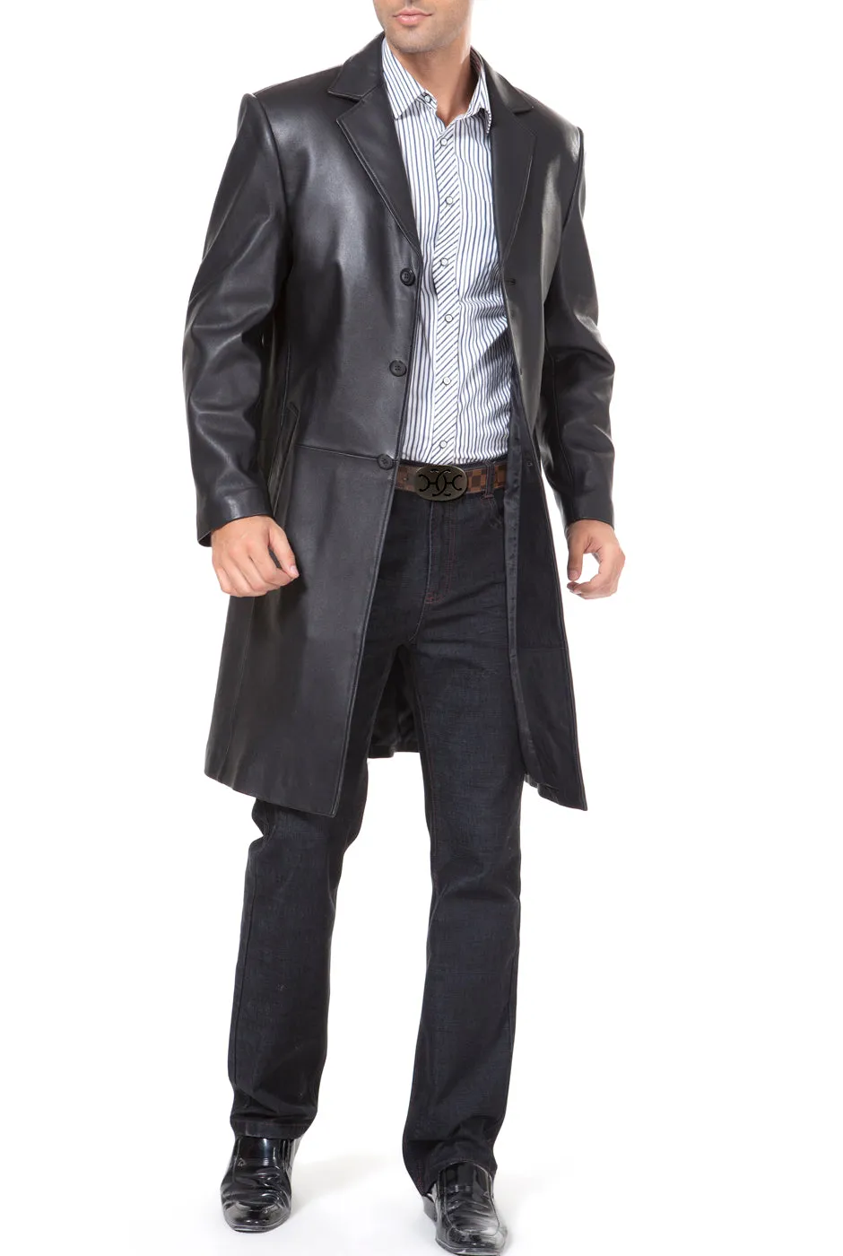 BGSD Monogram Collection Men Classic Lambskin Leather Long Walking Coat