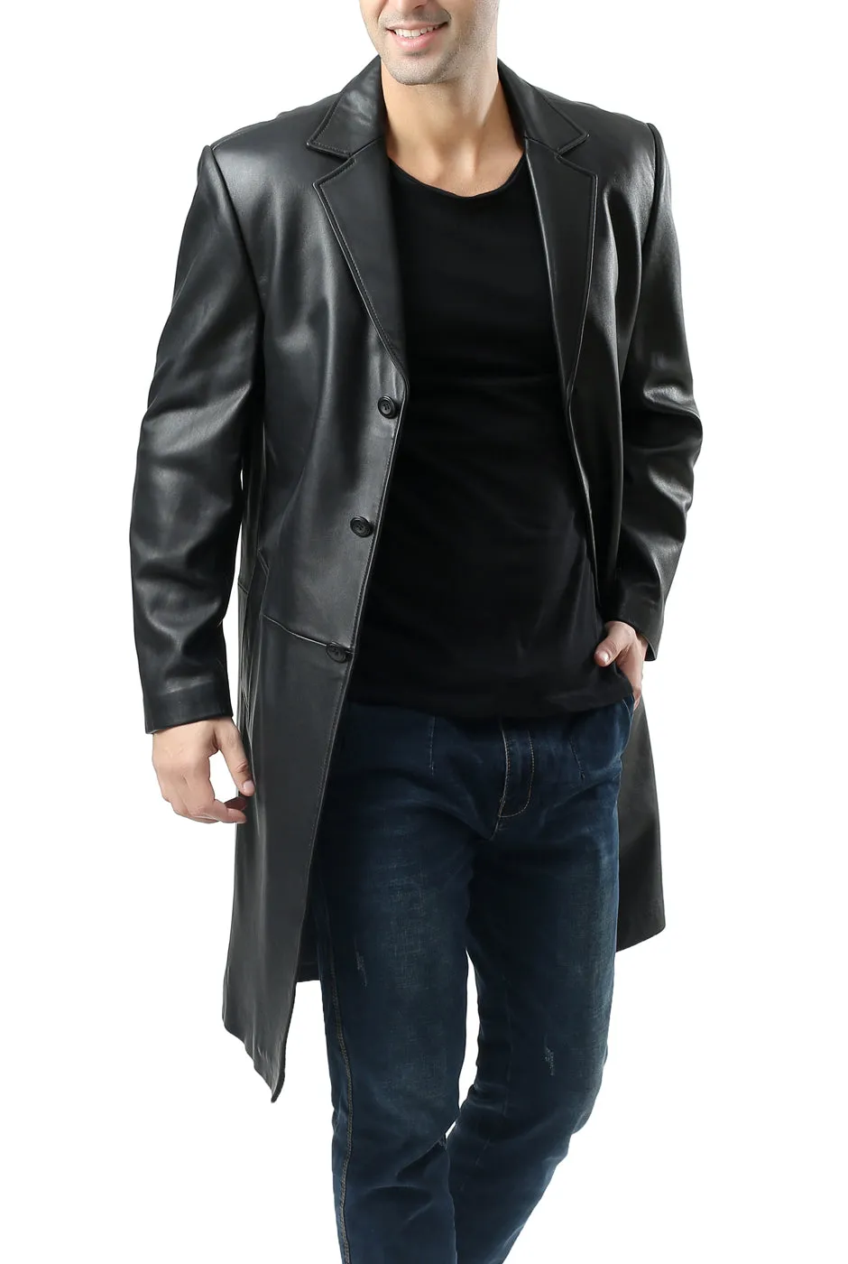 BGSD Monogram Collection Men Classic Lambskin Leather Long Walking Coat