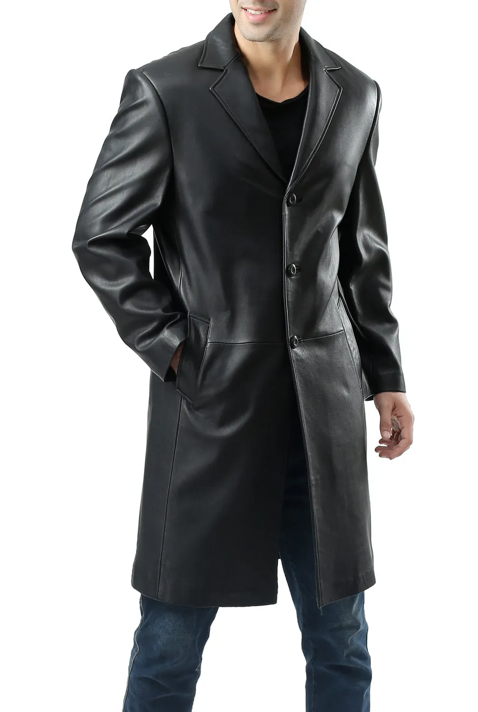 BGSD Monogram Collection Men Classic Lambskin Leather Long Walking Coat