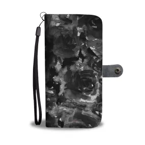 Black Abstract Wallet Phone Case, Cool Girlie Floral Print Black Zombie Rose Designer Wallet Phone Case