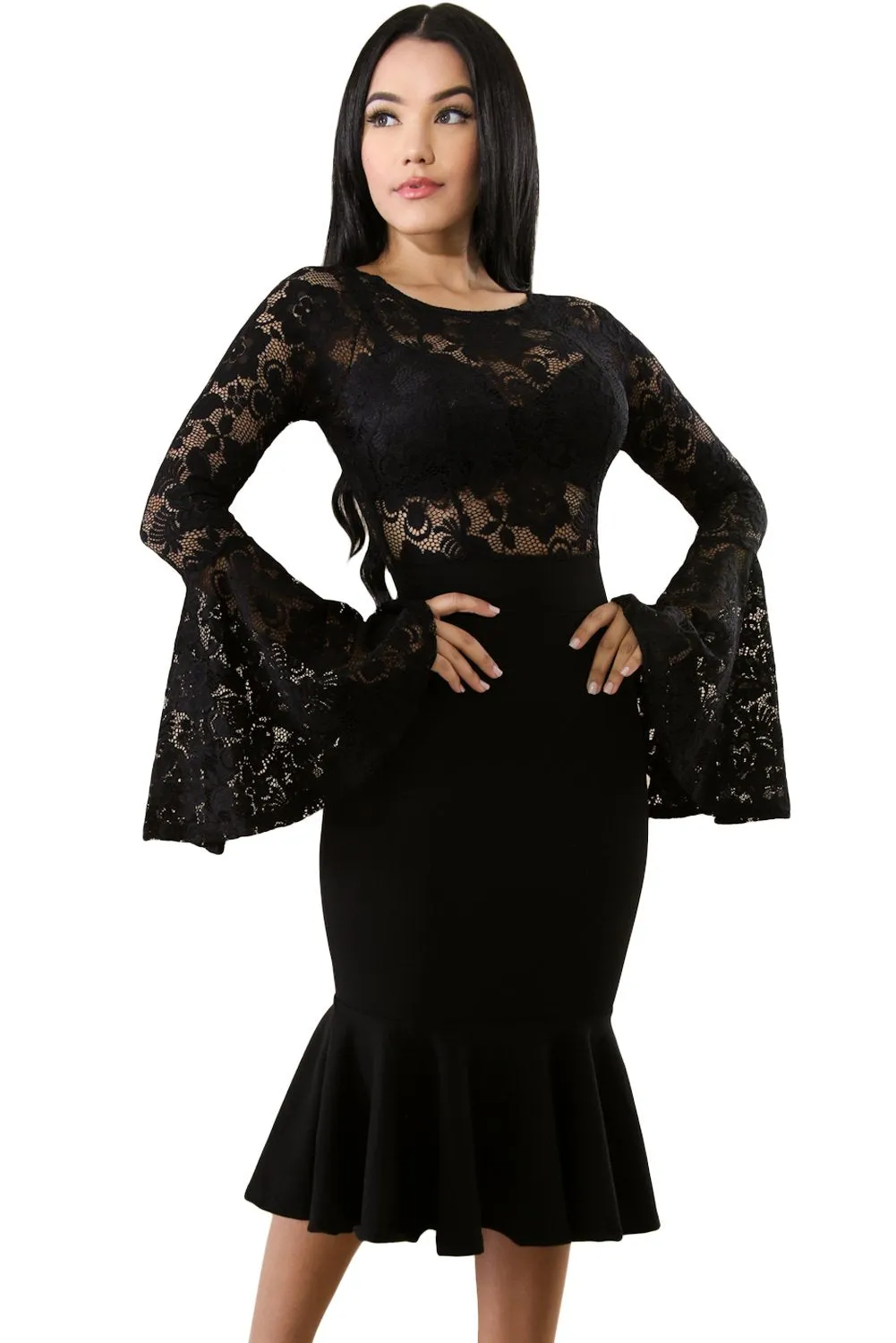 Black Bell Sleeves Mermaid Bodycon Dress