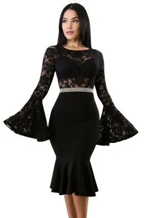 Black Bell Sleeves Mermaid Bodycon Dress