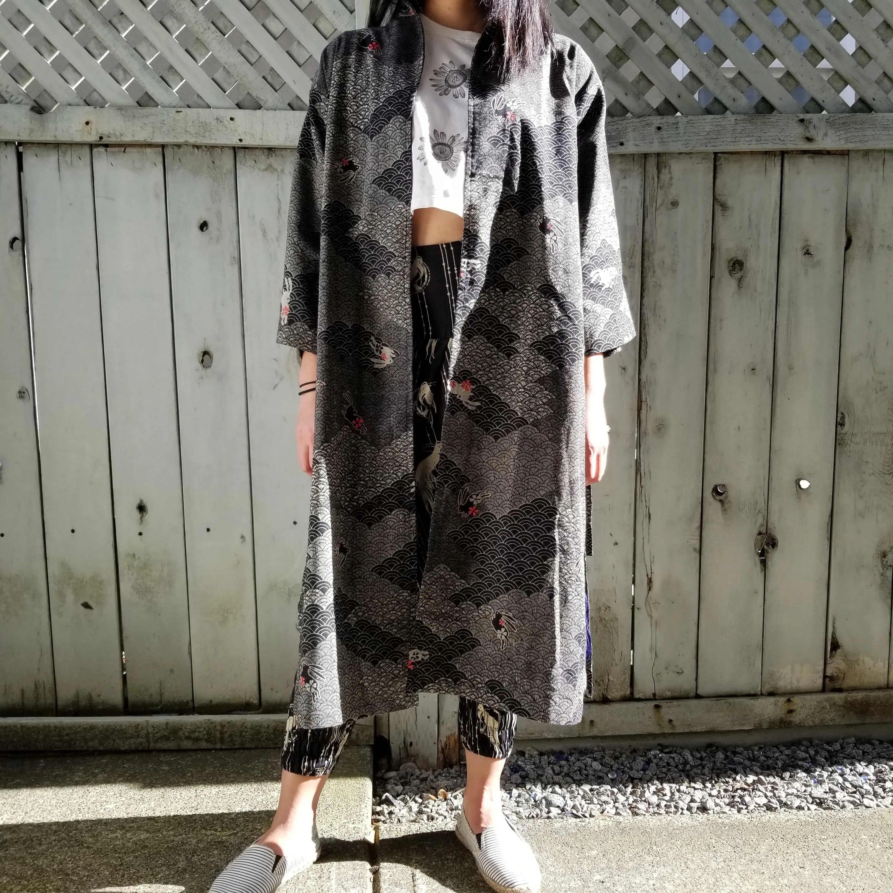 Black Bunny Waves Long Monk Kimono