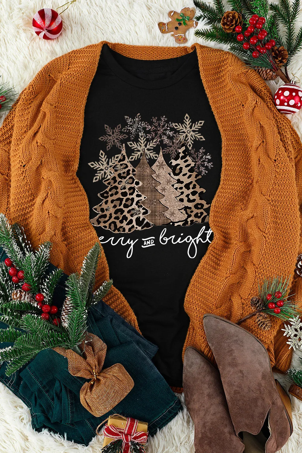 Black Christmas Tree Graphic Print Top