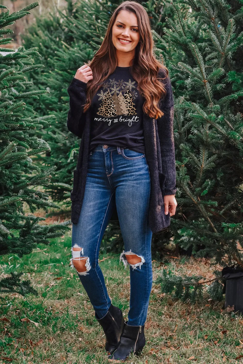 Black Christmas Tree Graphic Print Top