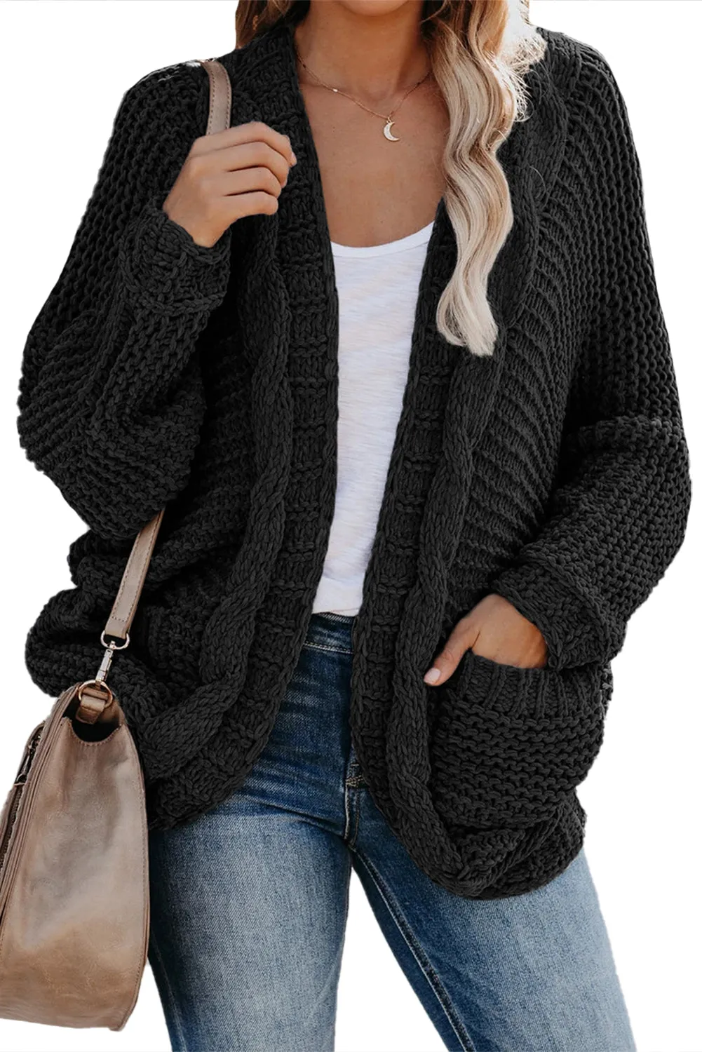 Black Chunky Knit Pocketed Cardigan