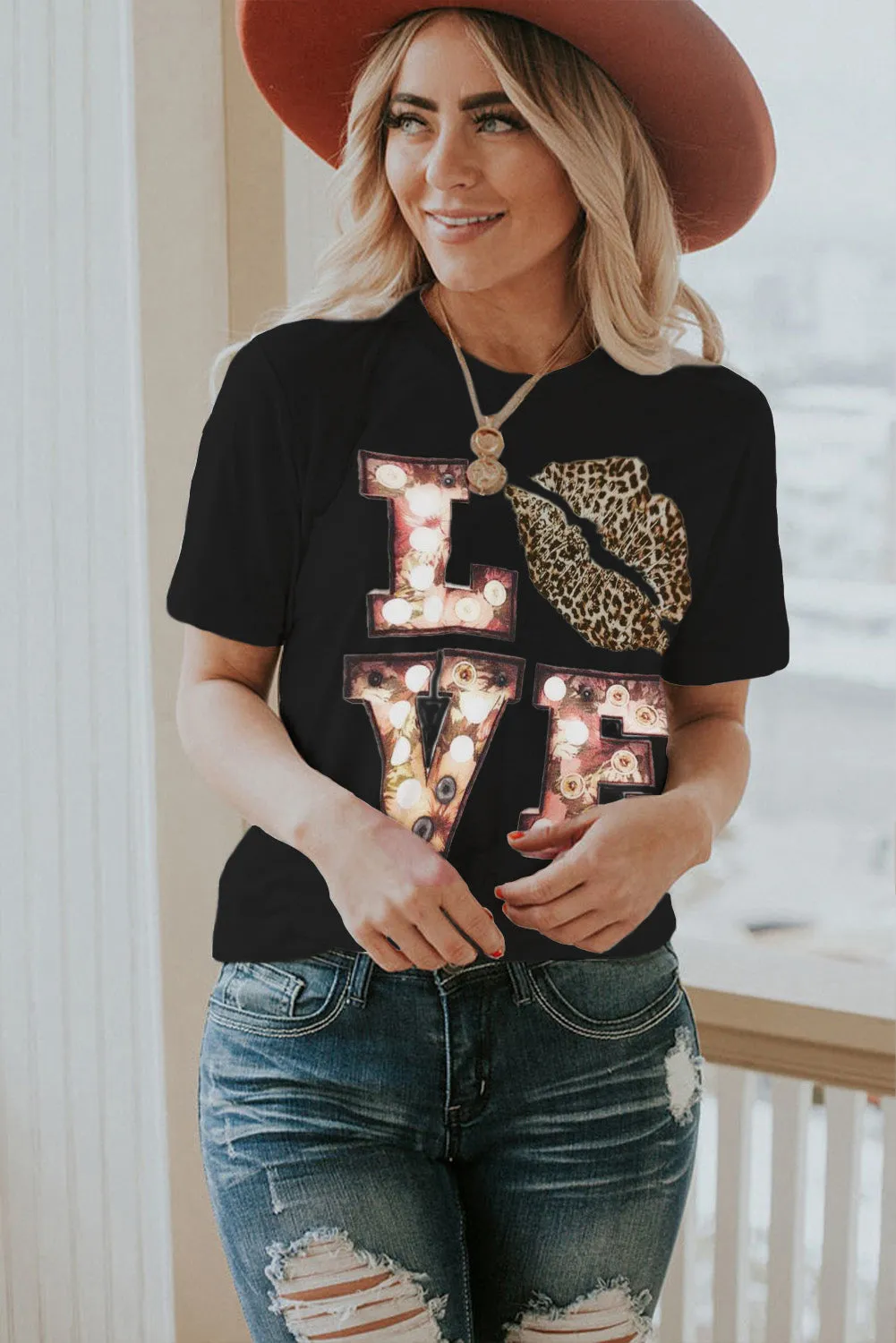 Black Crew Neck Letter Print Valentine Tee