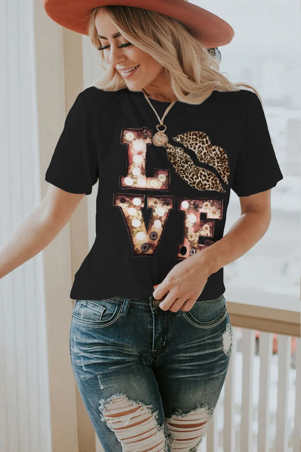 Black Crew Neck Letter Print Valentine Tee