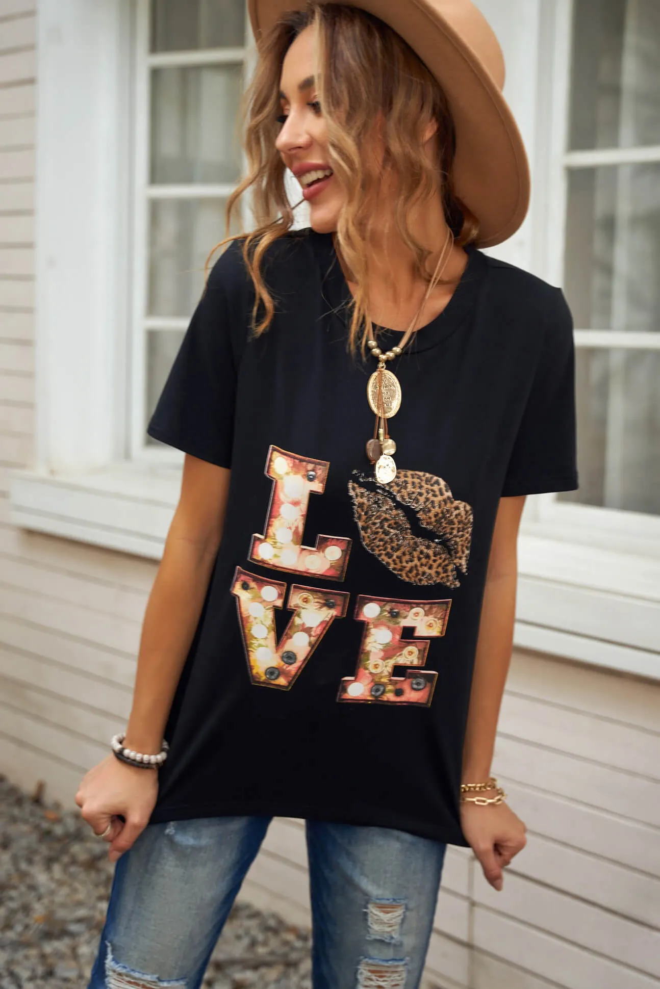 Black Crew Neck Letter Print Valentine Tee