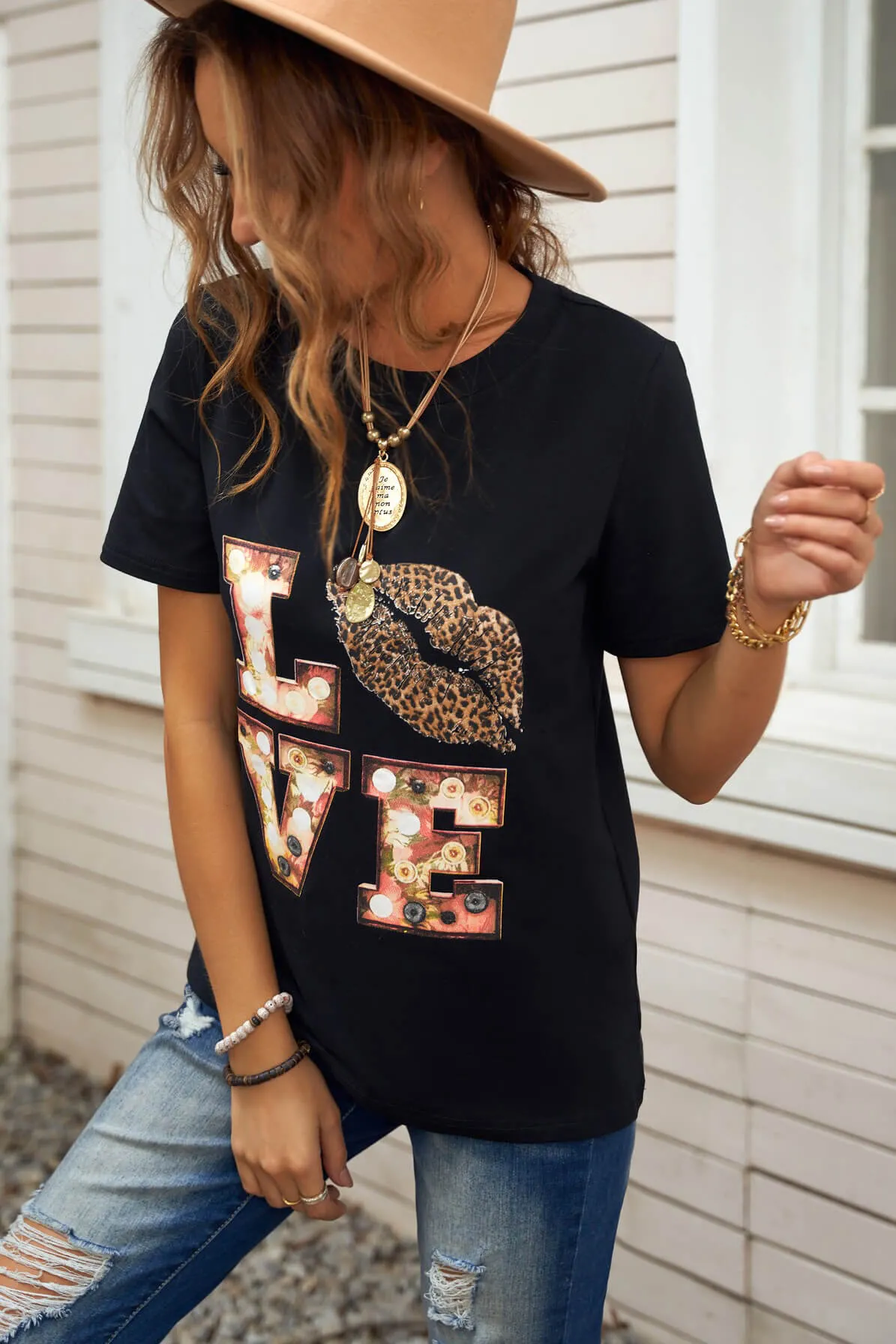 Black Crew Neck Letter Print Valentine Tee