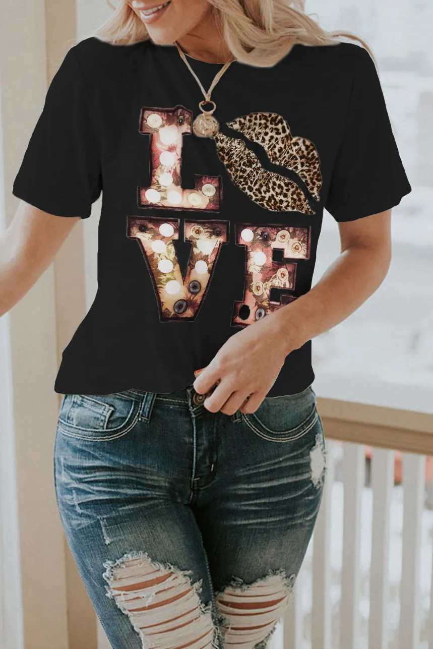 Black Crew Neck Letter Print Valentine Tee