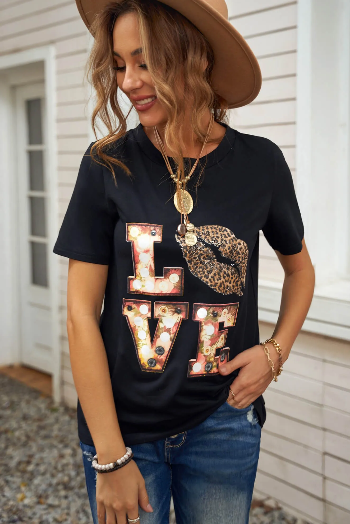 Black Crew Neck Letter Print Valentine Tee