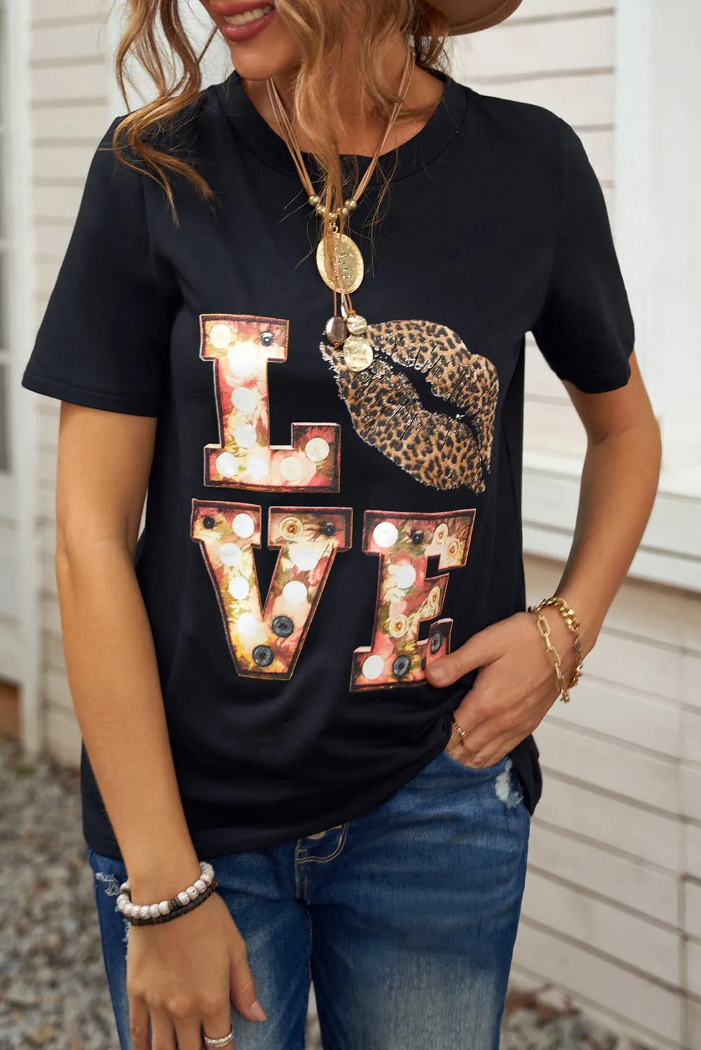 Black Crew Neck Letter Print Valentine Tee