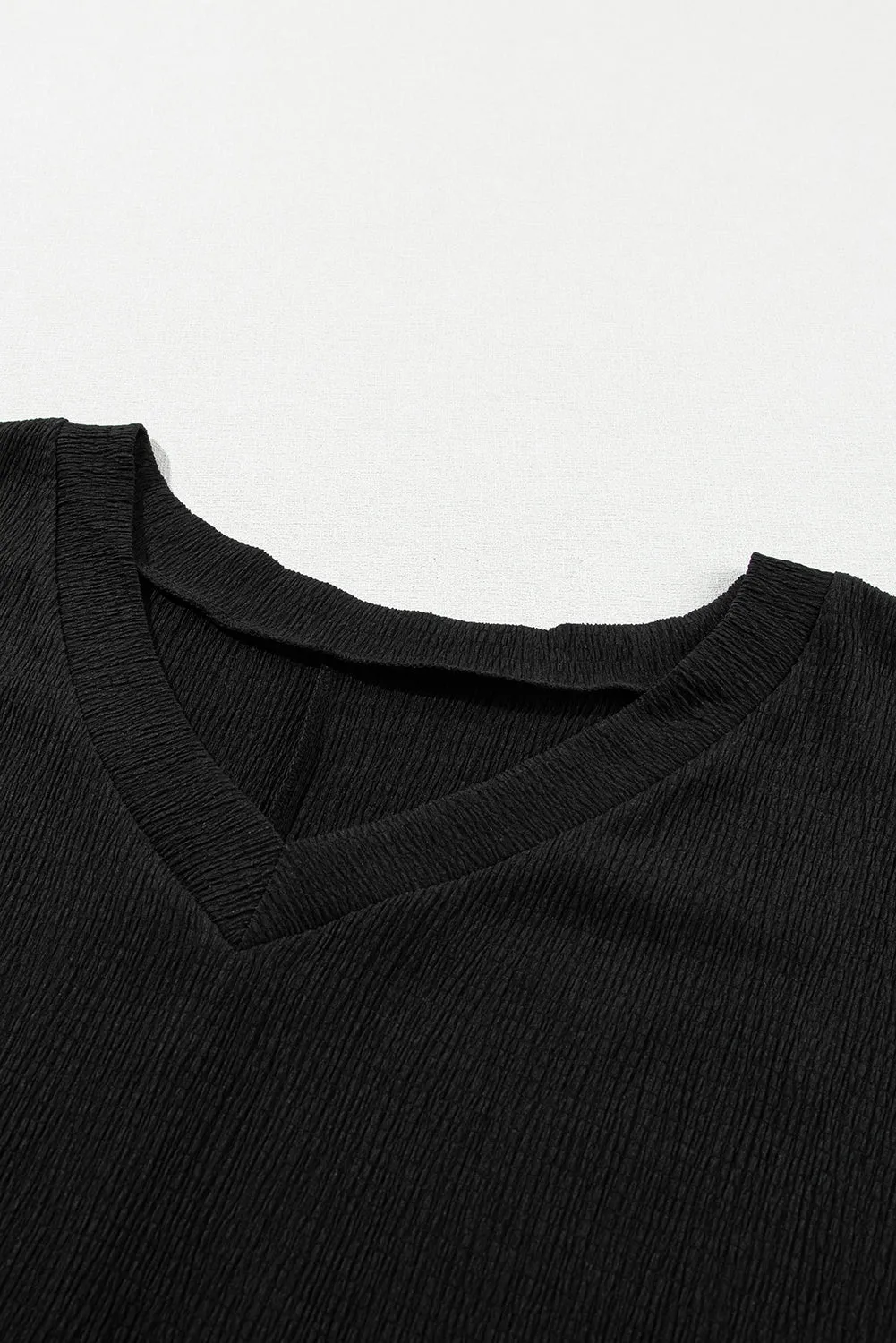 Black Crinkled V Neck Wide Sleeve T-shirt