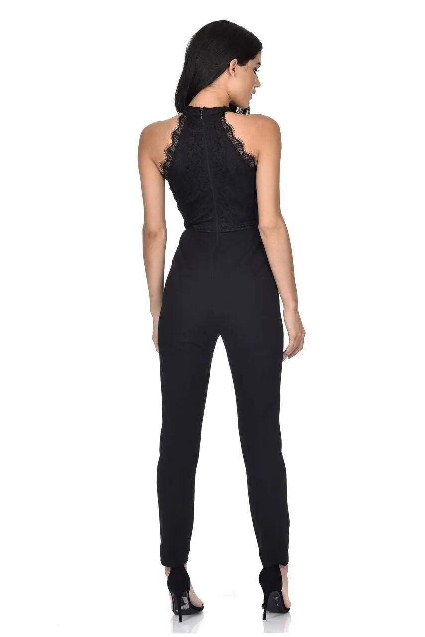 Black Cut In Neck Lace Jumpsuit