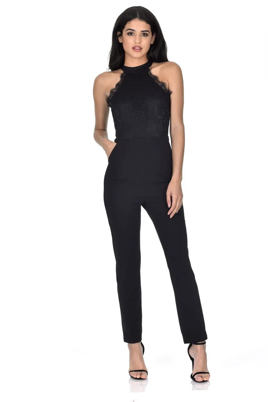 Black Cut In Neck Lace Jumpsuit