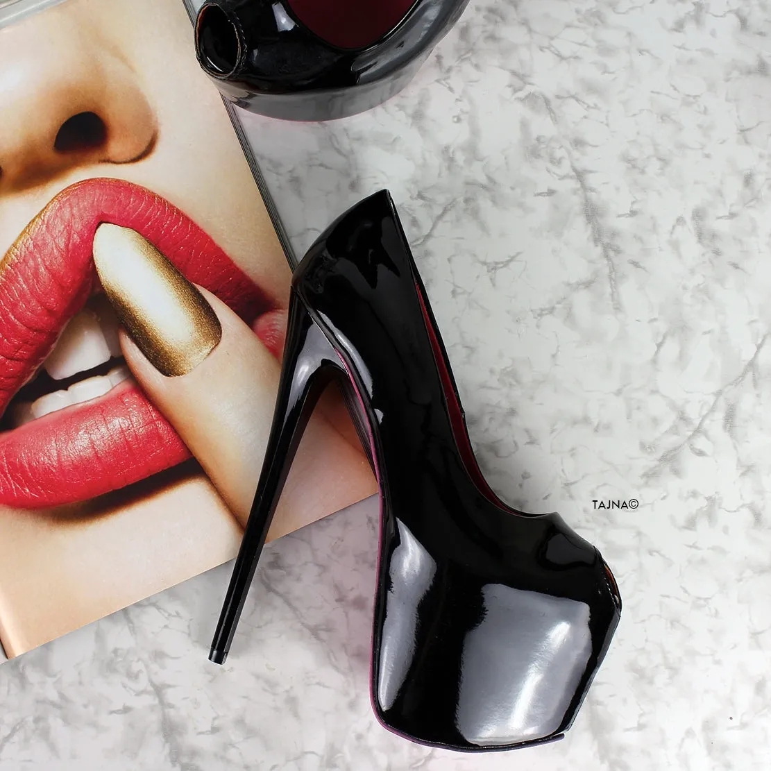 Black Gloss Fishmouth High Heel Pumps