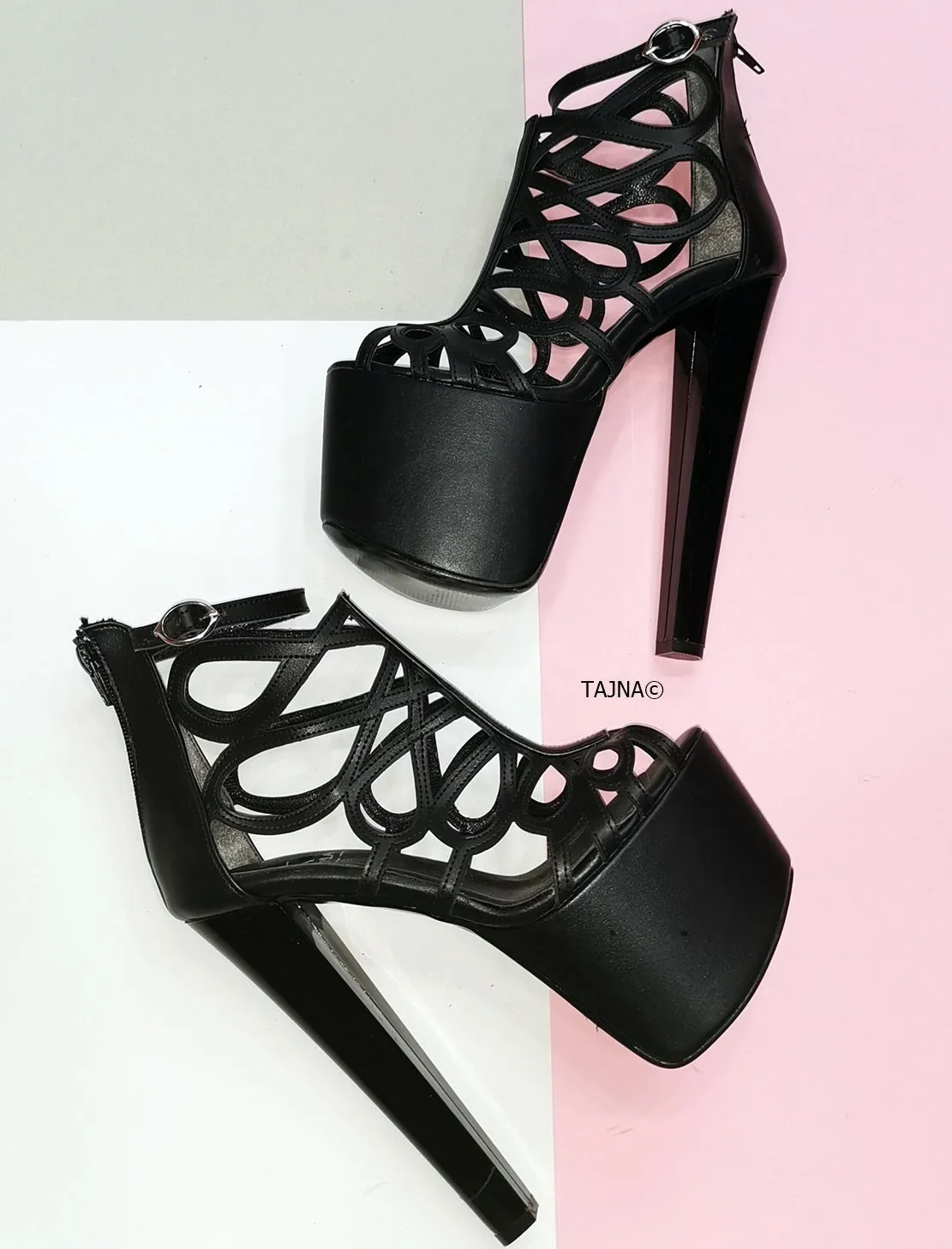 Black Laser Cage Platform Heels