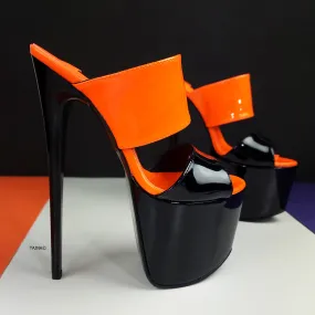 Black Orange Gloss Double Strap Mules