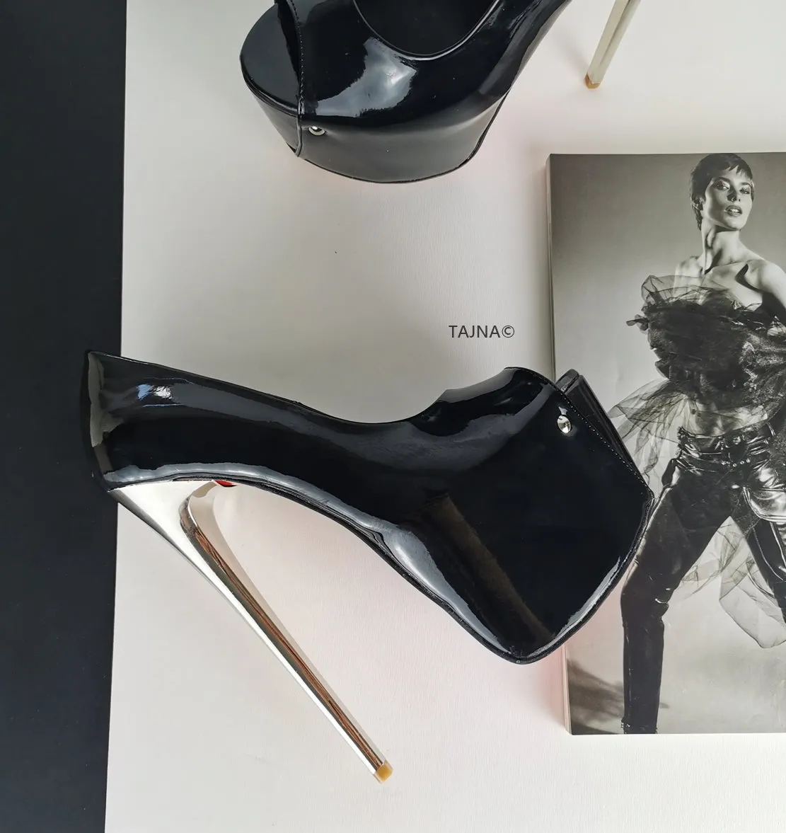 Black Patent  Metallic Heel Peep Toe Pumps