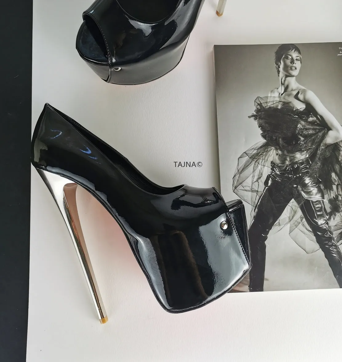 Black Patent  Metallic Heel Peep Toe Pumps