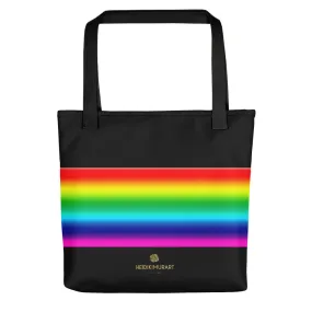 Black Rainbow Tote Bag, Bright Colorful Stripe Premium 15"x15" Square Tote Bag- Made in USA/EU