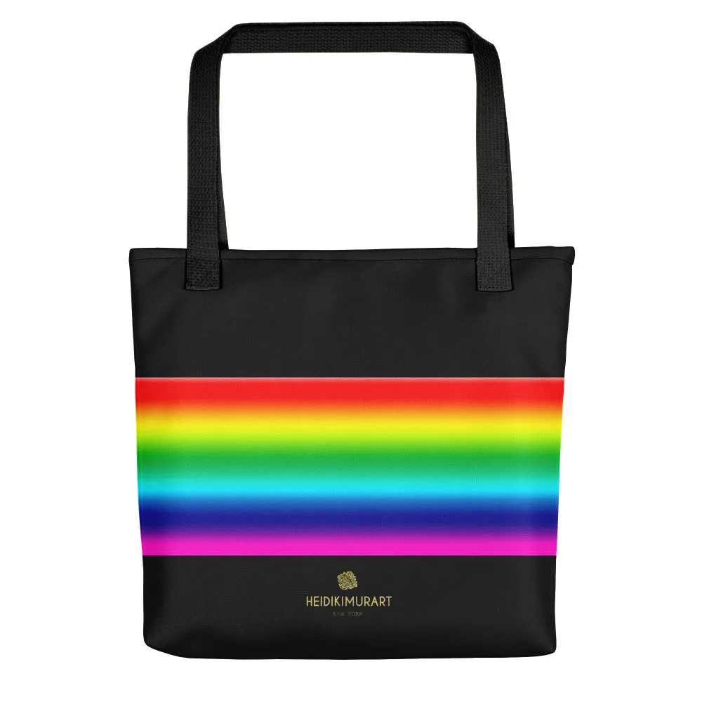 Black Rainbow Tote Bag, Bright Colorful Stripe Premium 15"x15" Square Tote Bag- Made in USA/EU