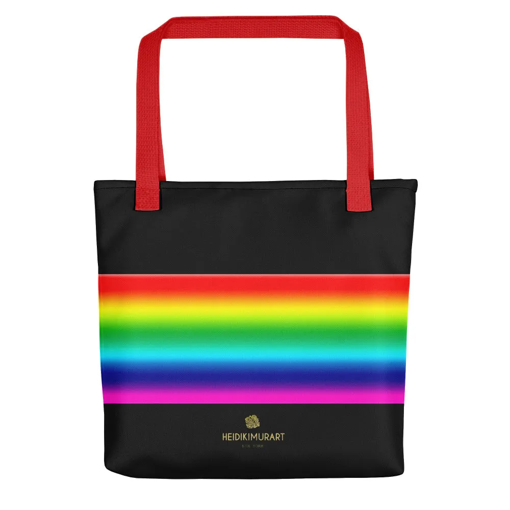 Black Rainbow Tote Bag, Bright Colorful Stripe Premium 15"x15" Square Tote Bag- Made in USA/EU