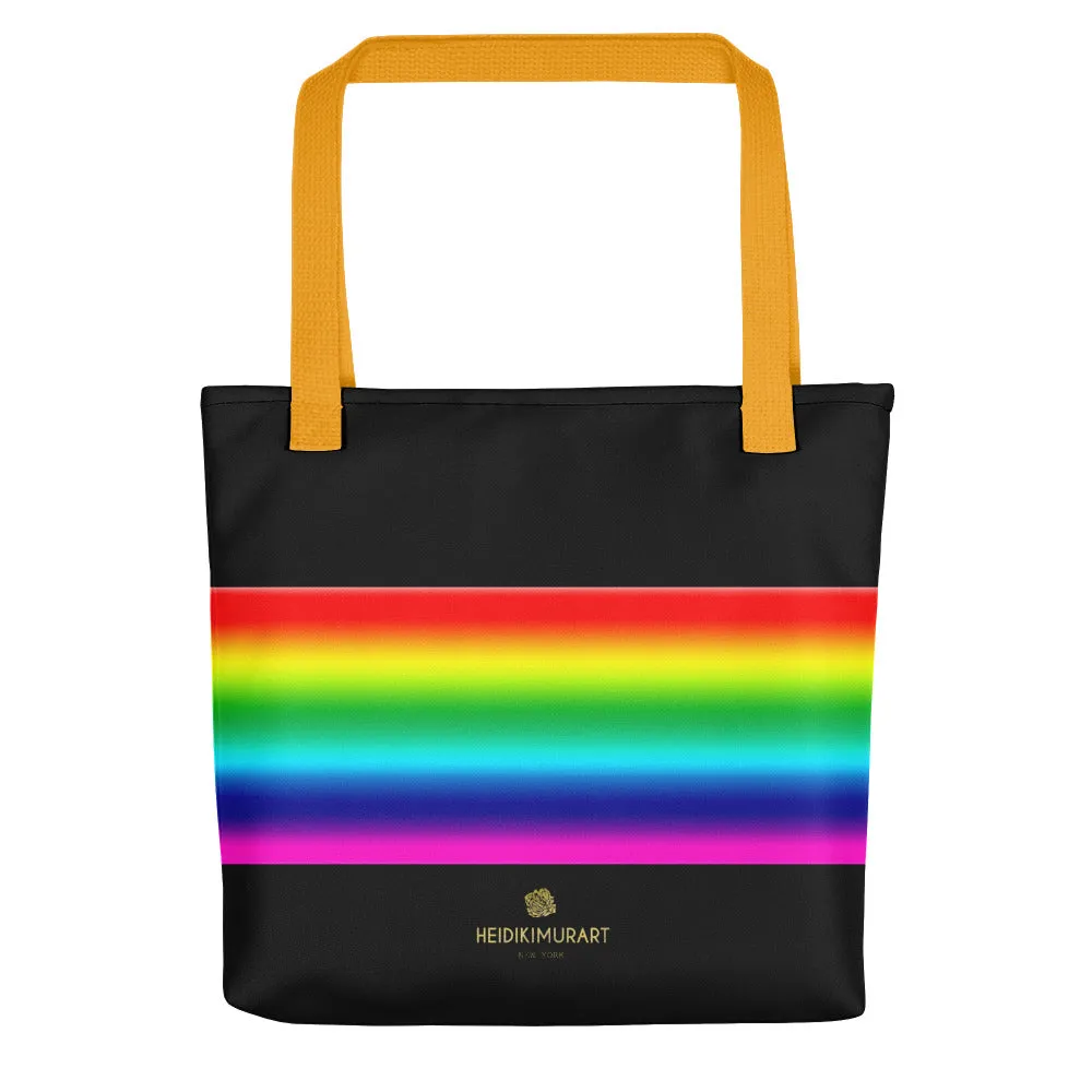 Black Rainbow Tote Bag, Bright Colorful Stripe Premium 15"x15" Square Tote Bag- Made in USA/EU