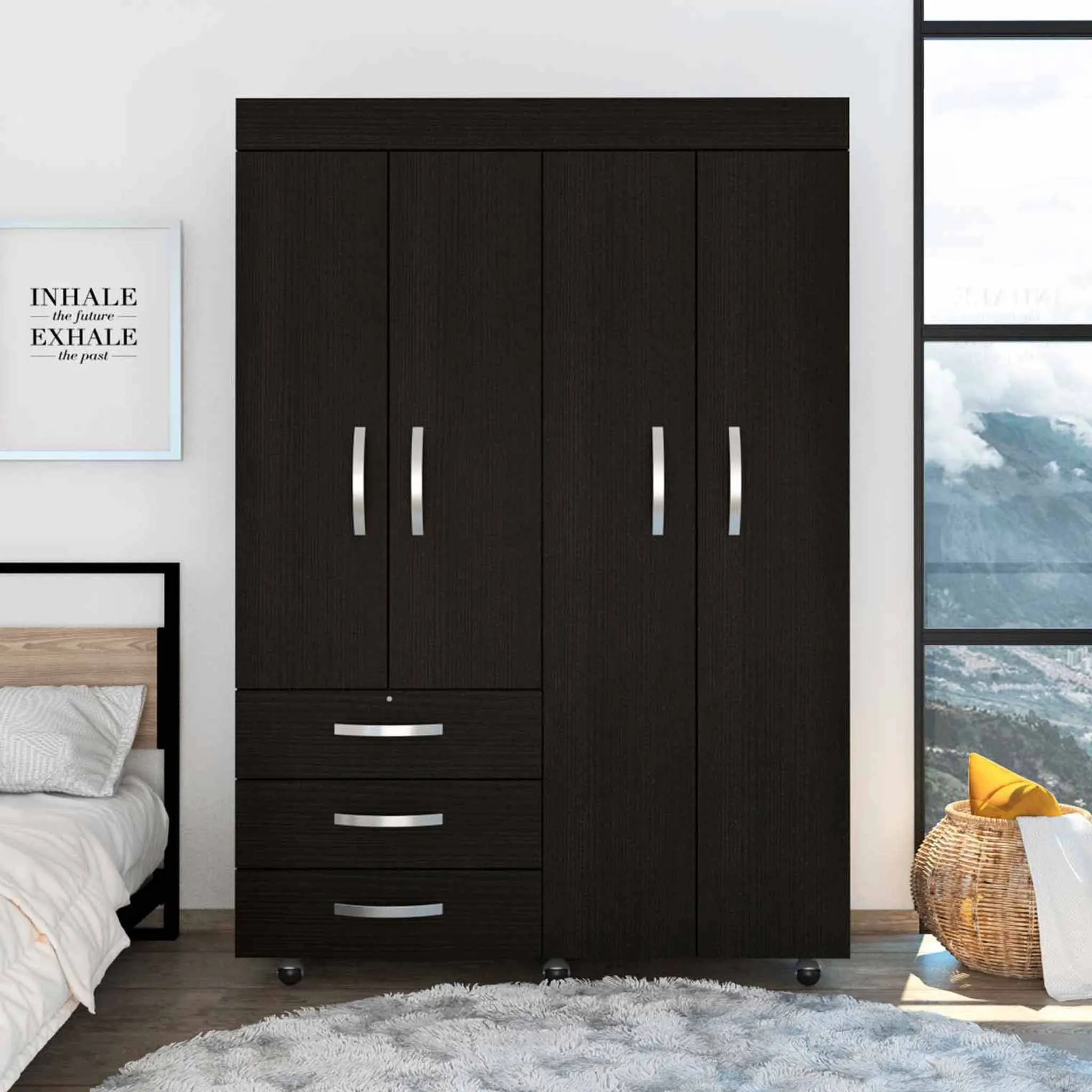 Black Tall Four Door Closet Wardrobe