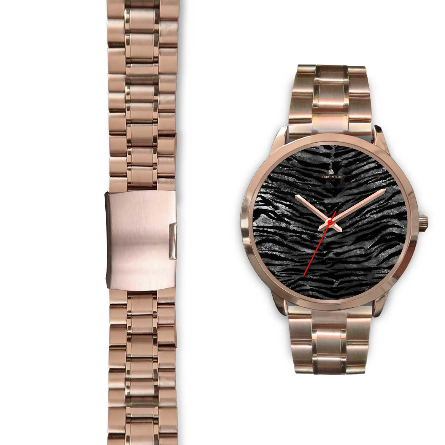 Black Tiger Striped Watch, Luxury Black Tiger Stripe Faux Fur Men's/ Women's Rose Gold Accent Unisex Watch