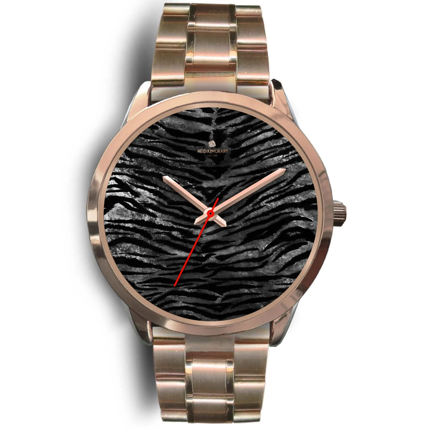 Black Tiger Striped Watch, Luxury Black Tiger Stripe Faux Fur Men's/ Women's Rose Gold Accent Unisex Watch