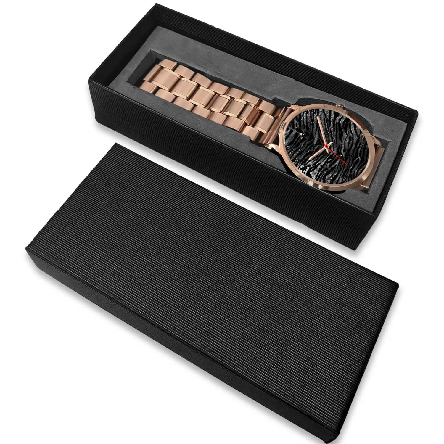 Black Tiger Striped Watch, Luxury Black Tiger Stripe Faux Fur Men's/ Women's Rose Gold Accent Unisex Watch