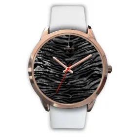 Black Tiger Striped Watch, Luxury Black Tiger Stripe Faux Fur Men's/ Women's Rose Gold Accent Unisex Watch