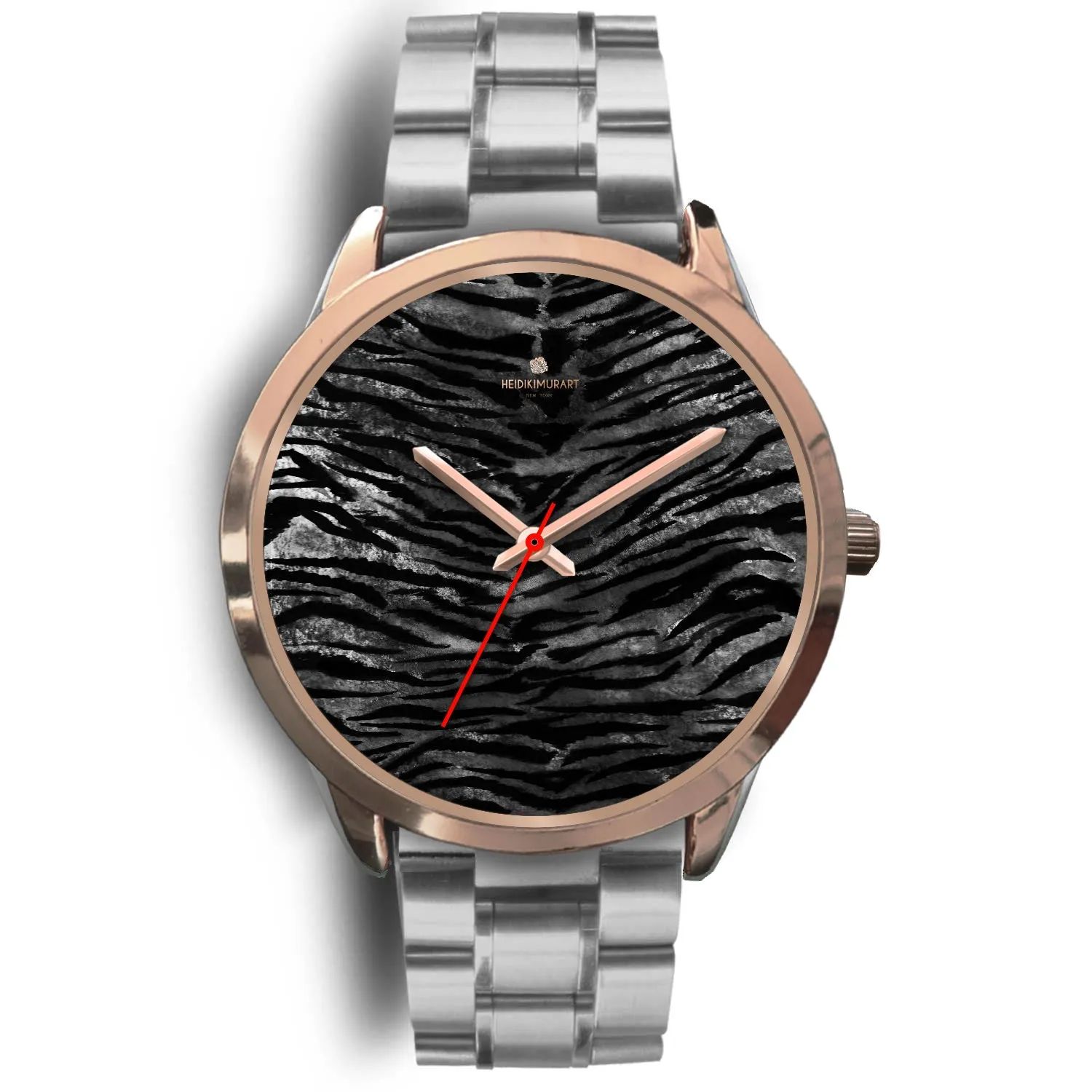 Black Tiger Striped Watch, Luxury Black Tiger Stripe Faux Fur Men's/ Women's Rose Gold Accent Unisex Watch