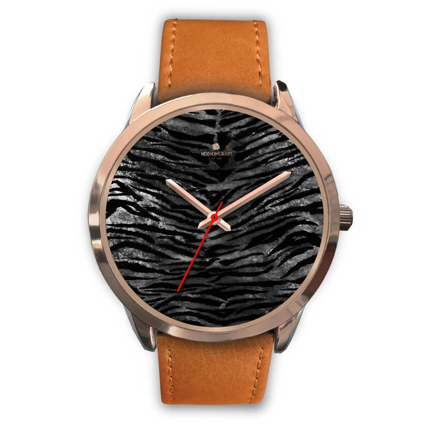 Black Tiger Striped Watch, Luxury Black Tiger Stripe Faux Fur Men's/ Women's Rose Gold Accent Unisex Watch