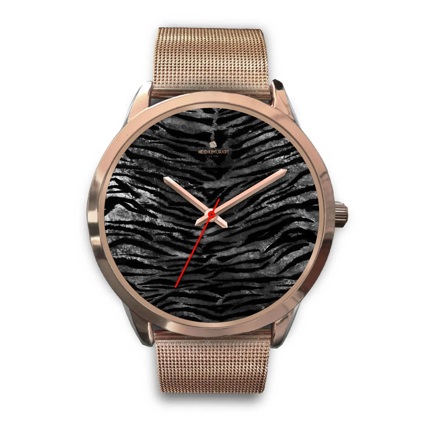 Black Tiger Striped Watch, Luxury Black Tiger Stripe Faux Fur Men's/ Women's Rose Gold Accent Unisex Watch