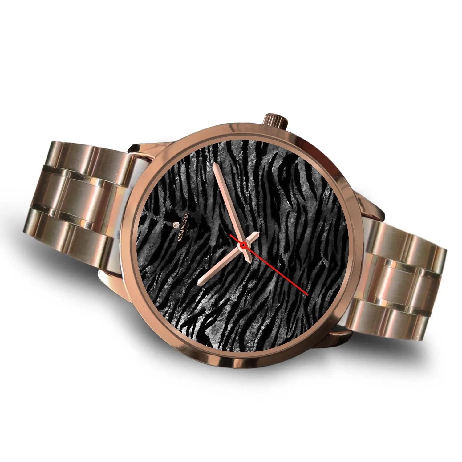 Black Tiger Striped Watch, Luxury Black Tiger Stripe Faux Fur Men's/ Women's Rose Gold Accent Unisex Watch