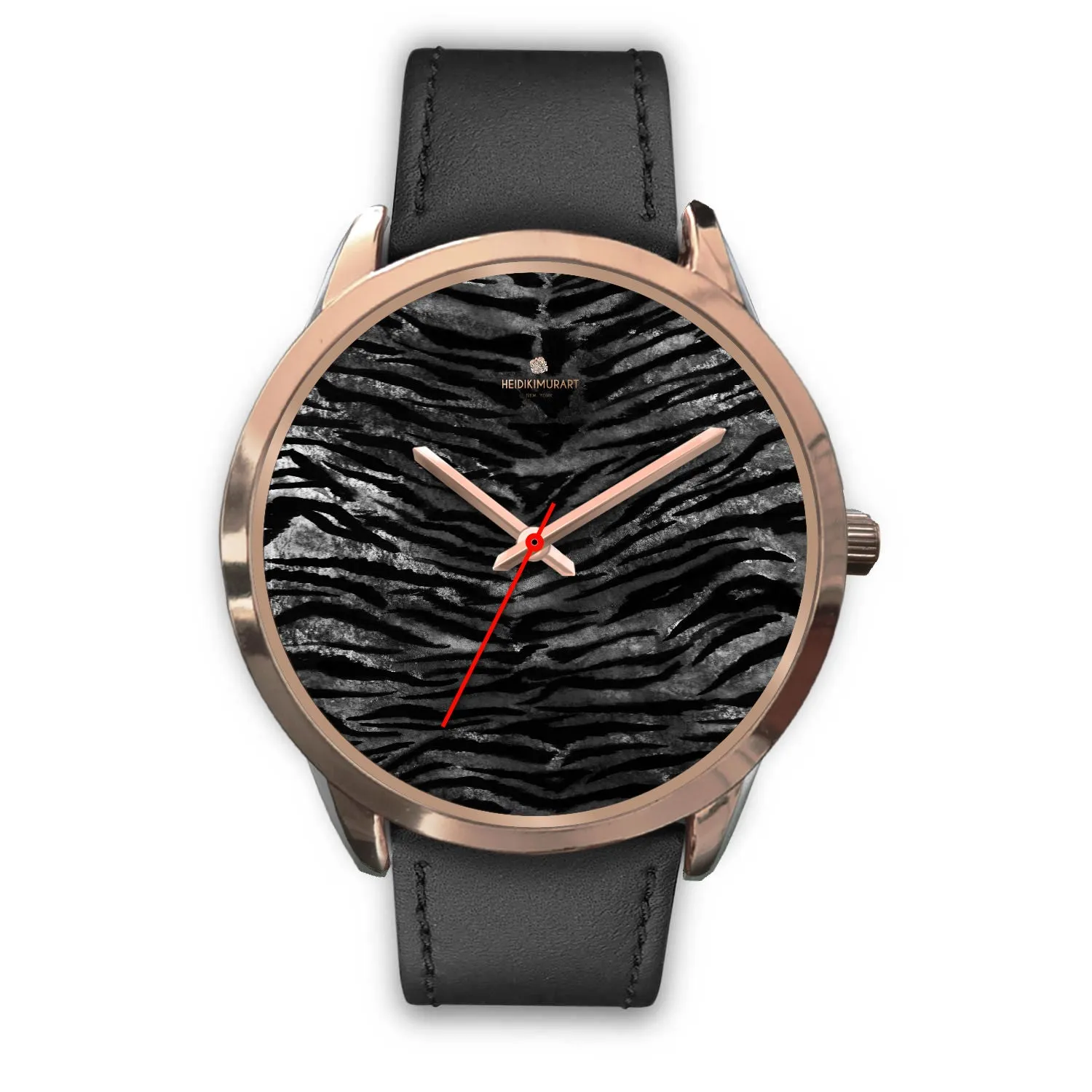 Black Tiger Striped Watch, Luxury Black Tiger Stripe Faux Fur Men's/ Women's Rose Gold Accent Unisex Watch