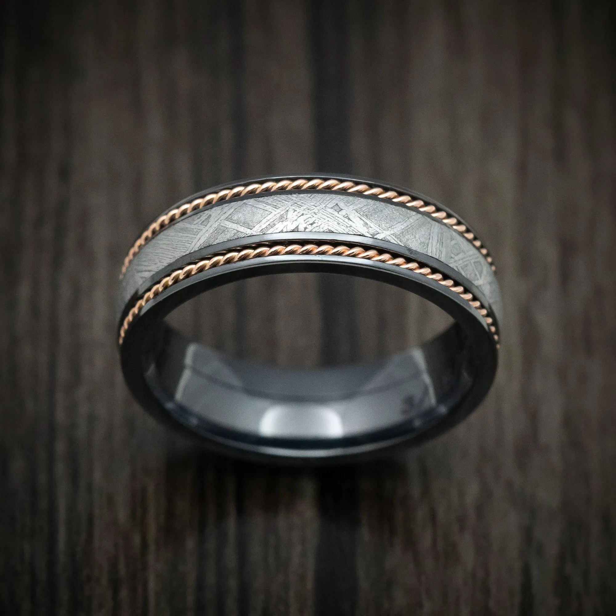 Black Zirconium and Gibeon Meteorite Men's Ring with 14K Gold Braid Inlays Custom Made Band