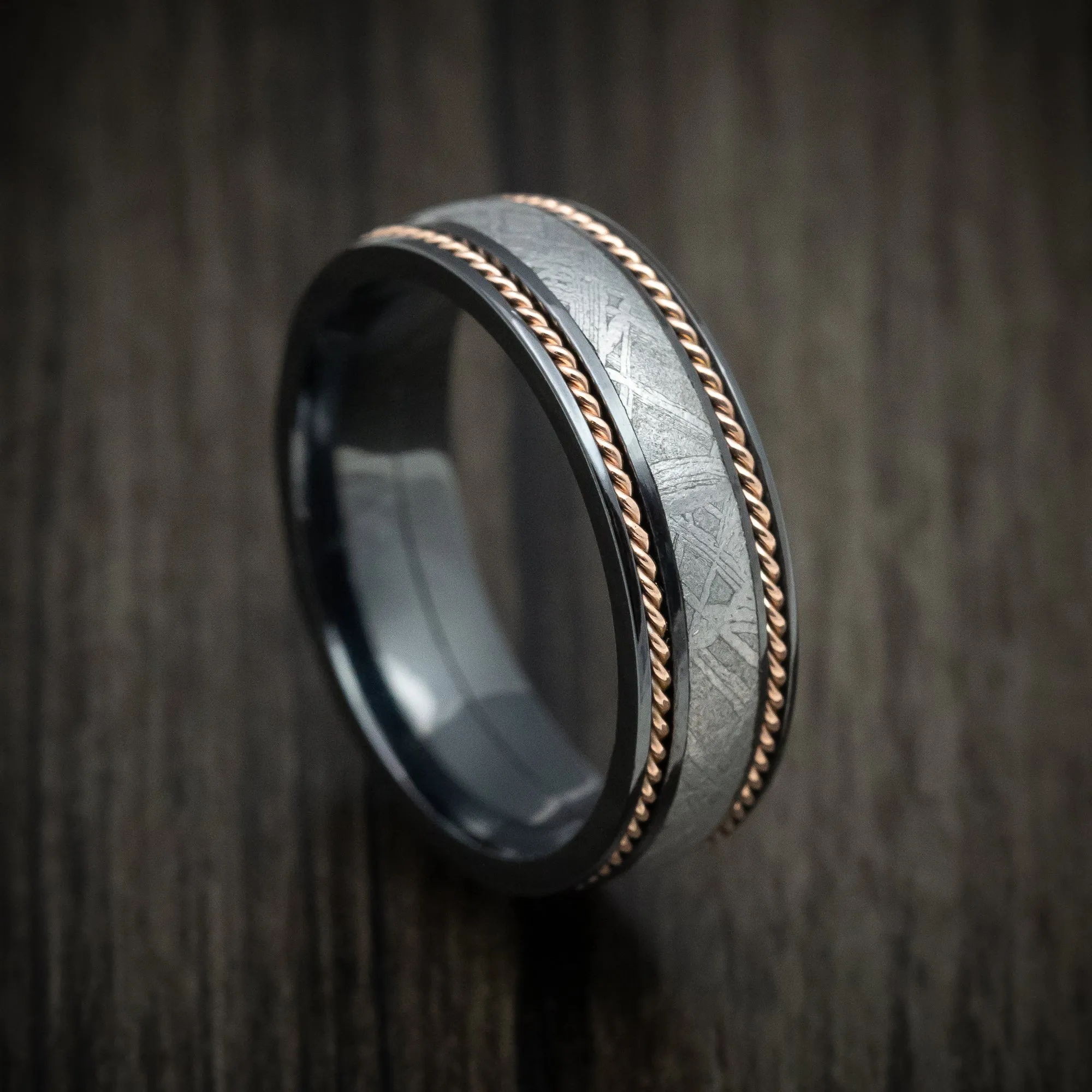 Black Zirconium and Gibeon Meteorite Men's Ring with 14K Gold Braid Inlays Custom Made Band