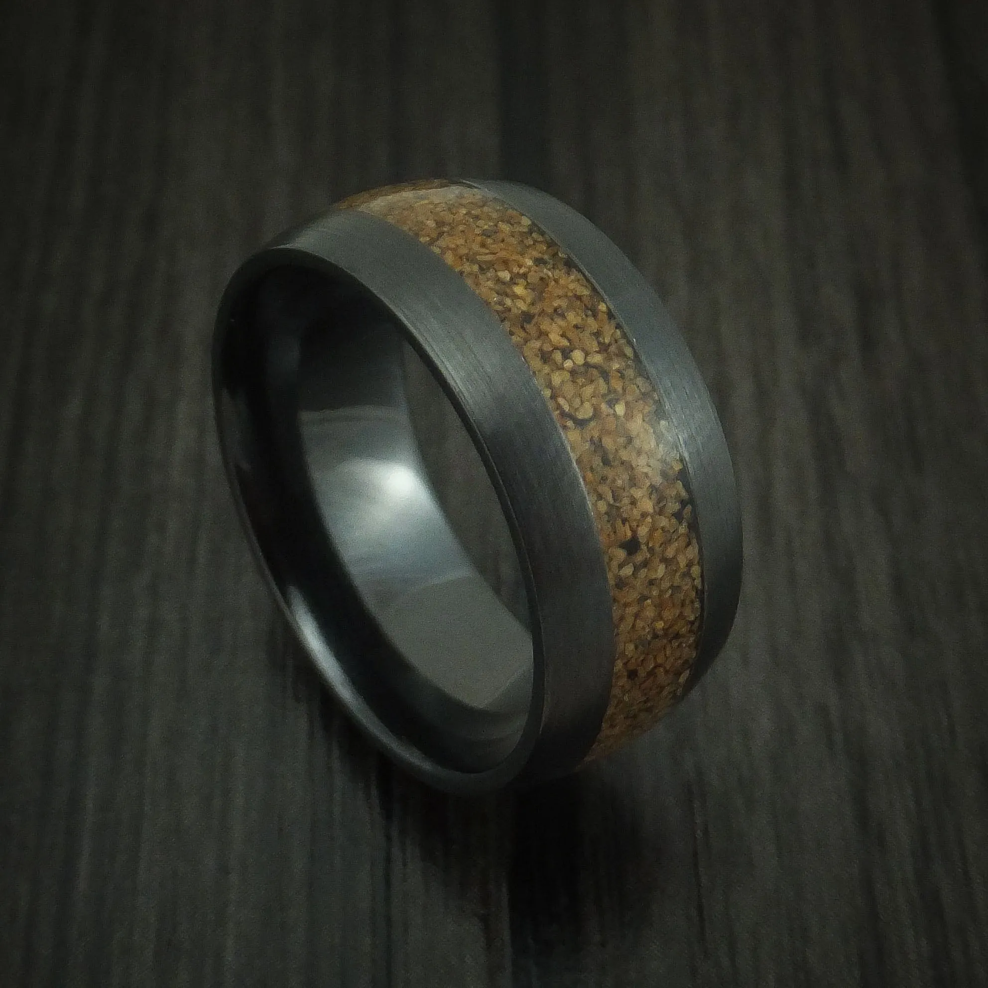 Black Zirconium and Tan Dinosaur Bone Men's Ring Custom Made Fossil Band