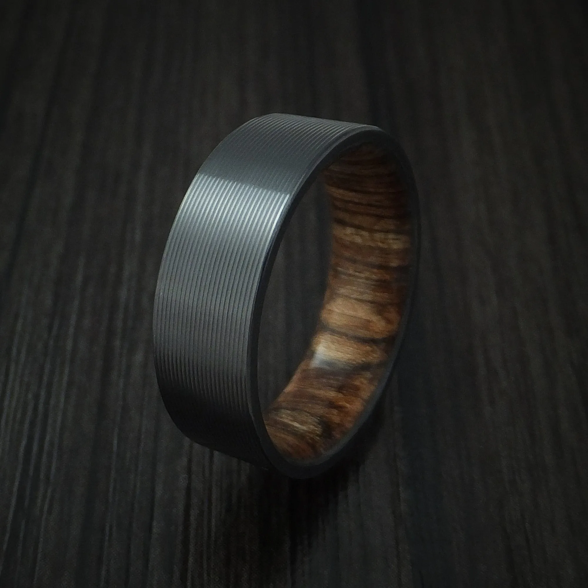 Black Zirconium and Walnut Hard Wood Sleeve Men's Ring Custom Made