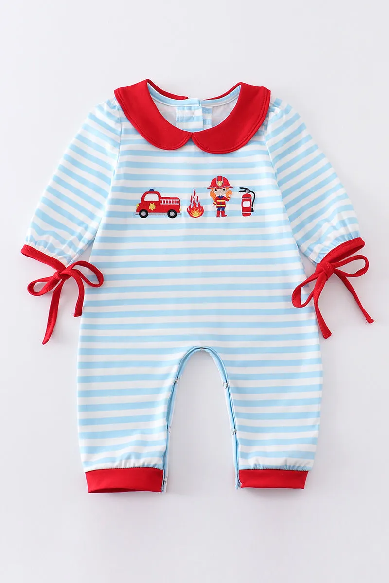 Blue stripe fire engine embroidery girl romper