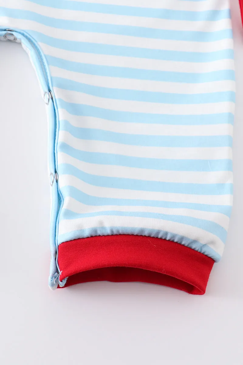 Blue stripe fire engine embroidery girl romper